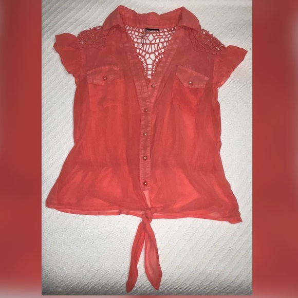 Women’s See Through Mesh Cut-Out Tie Front Blouse - Picture 4 of 5